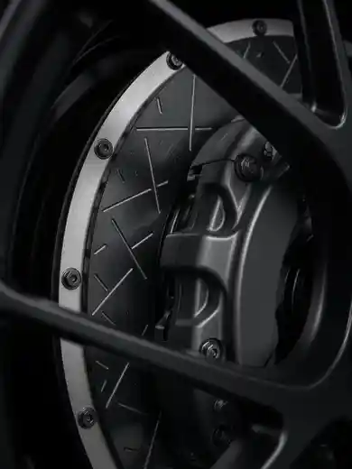 A monoblock brake caliper behind black wheel spokes.