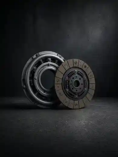 A steel clutch cover and disc in a dark studio.