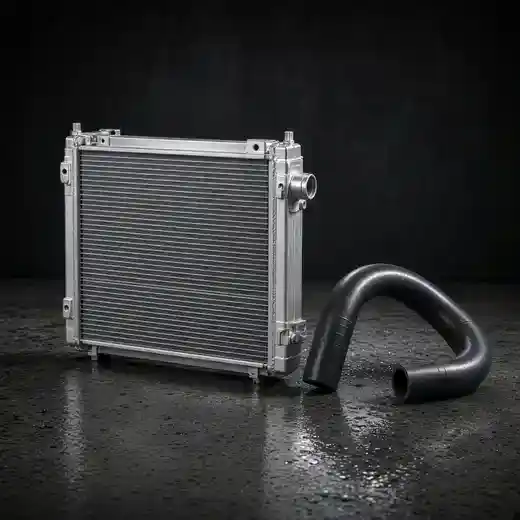 An aluminium radiator and a black coolant hose.