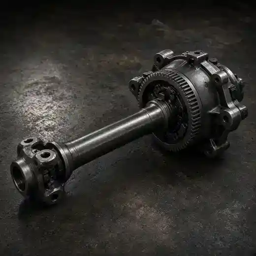 A driveshaft and differential on a dark workshop floor.