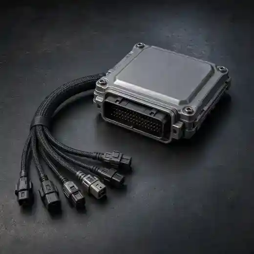 An engine control unit and wiring loom on a dark bench.