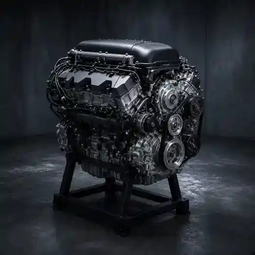 A bare performance engine on a stand in a dark studio.
