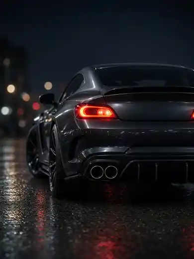 The rear of a graphite coupe at night, exhaust tips lit on wet asphalt.