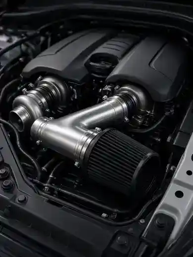 A polished intake tube in a twin-turbo engine bay.