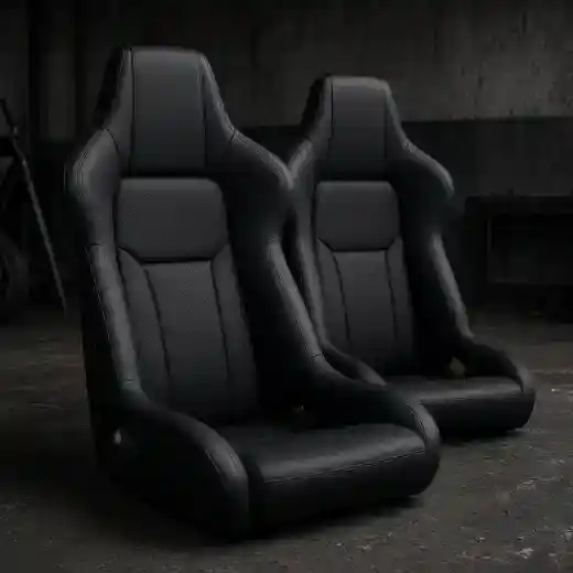 Black bucket seats in a dim garage.