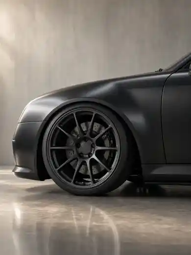 A lowered matte coupe, the front wheel and arch filling the frame.