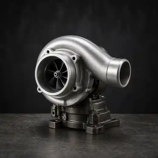A turbocharger on a dark steel bench.
